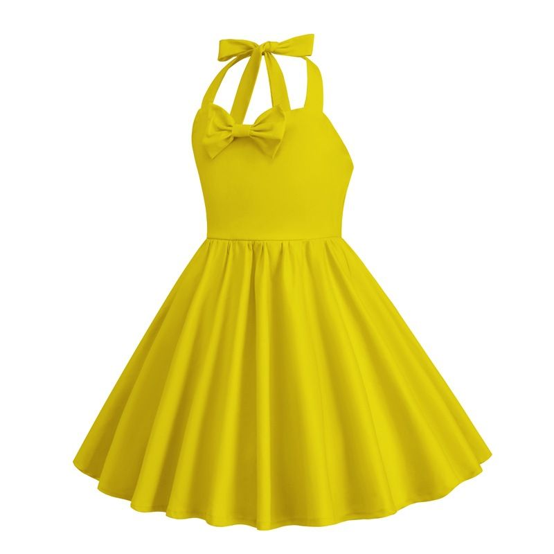 Girls 50s Sweetheart Vintage Flower Swing Straps Prom Dress Yellow