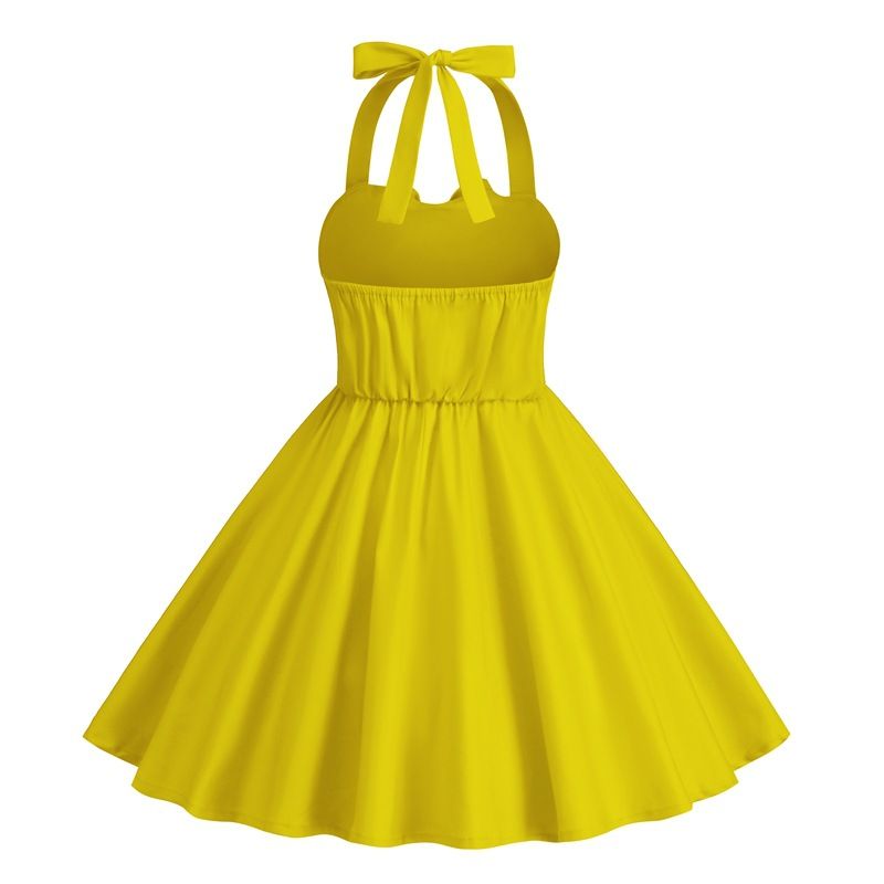 Girls 50s Sweetheart Vintage Flower Swing Straps Prom Dress Yellow