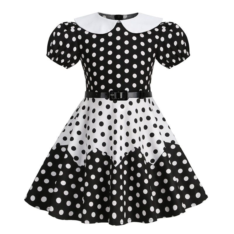 Girls 50s Vintage Dress Rockabilly Swing Party Dresses with Belt Black White