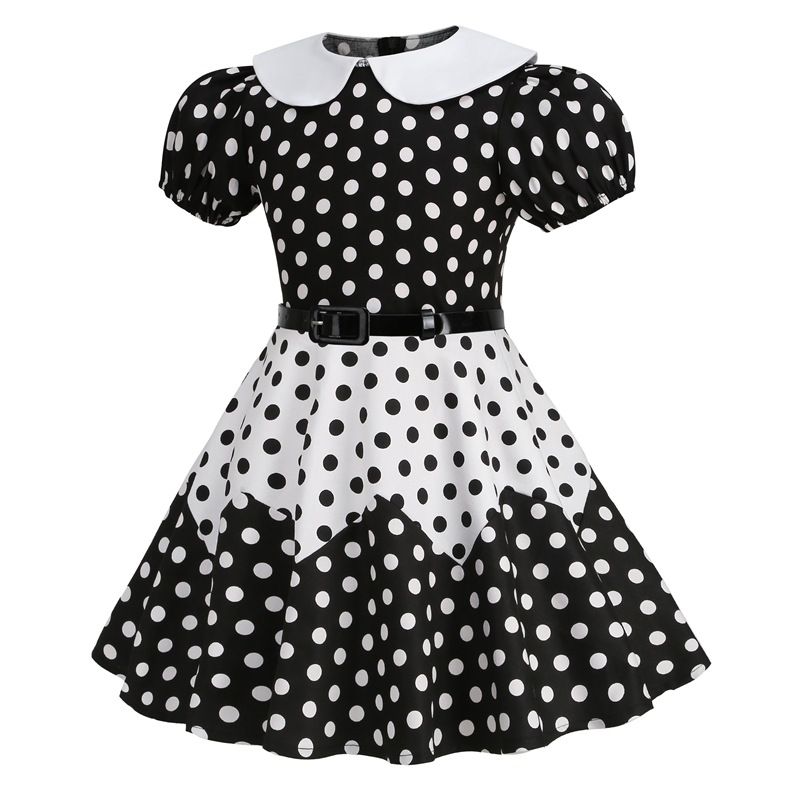 Girls 50s Vintage Dress Rockabilly Swing Party Dresses with Belt Black White
