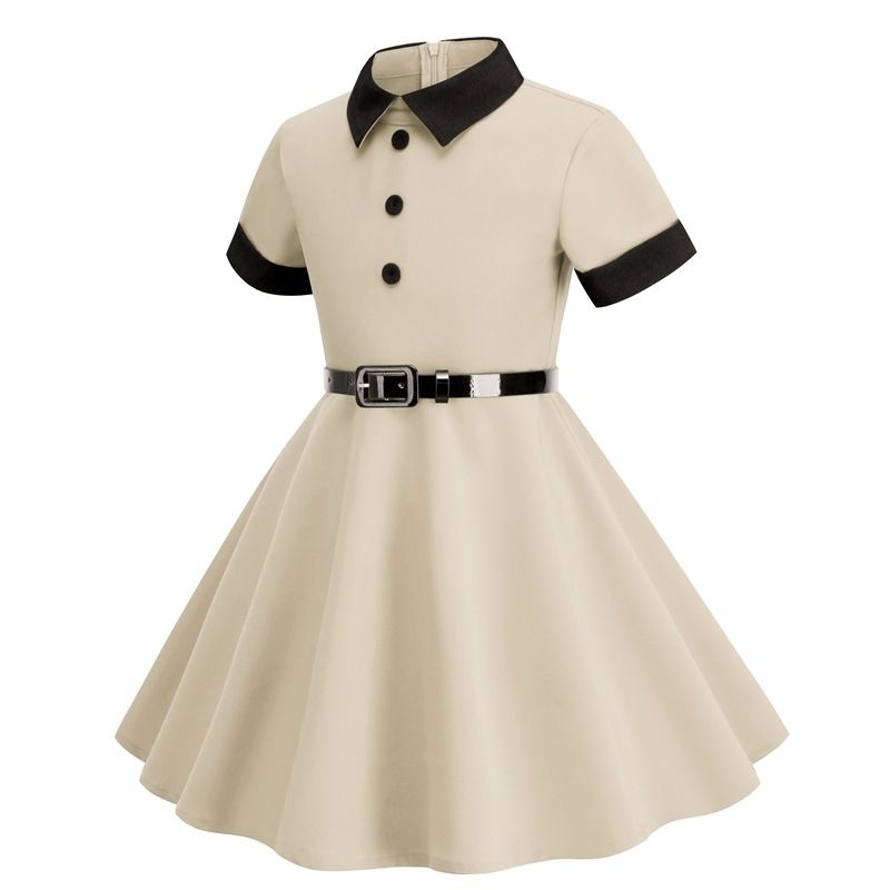 Girls Kids 50s 60s Vintage Rockabilly Swing Dress Party A-line Dresses Beige