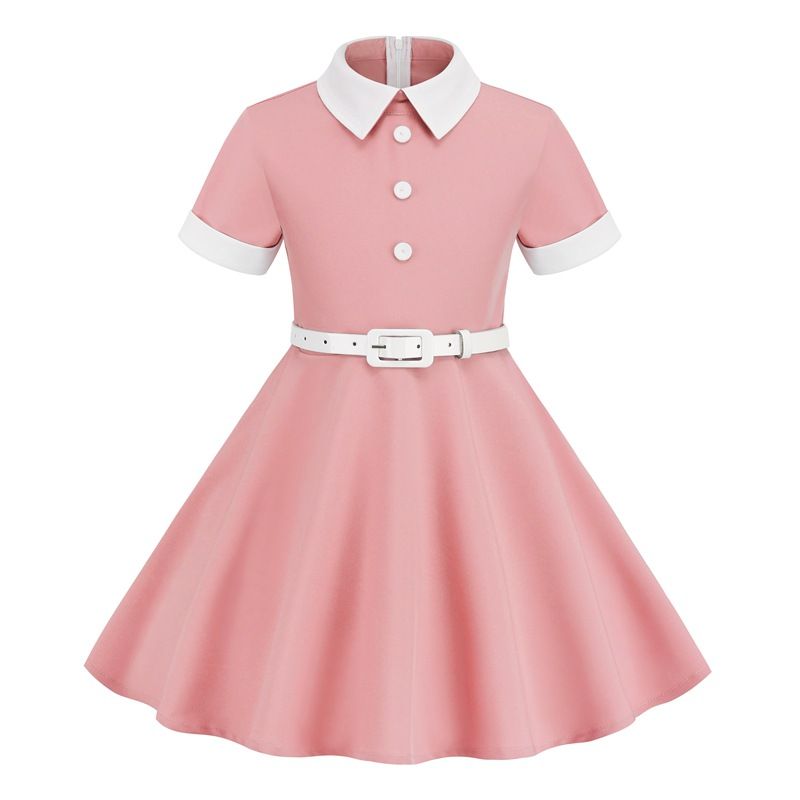 Girls Kids 50s 60s Vintage Rockabilly Swing Dress Party A-line Dresses Pink