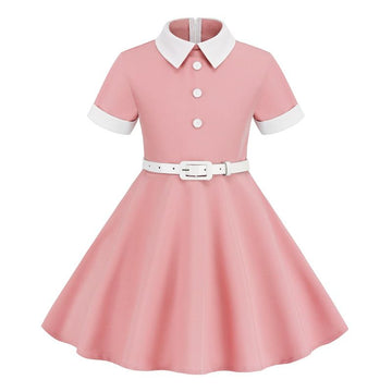 Girls Kids 50s 60s Vintage Rockabilly Swing Dress Party A-line Dresses Pink