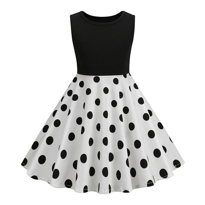 Girls Patchwork Polka Dot Summer Dress Vintage 50s 60s Pin Up Dress White