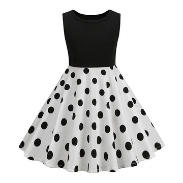 Girls Patchwork Polka Dot Summer Dress Vintage 50s 60s Pin Up Dress White