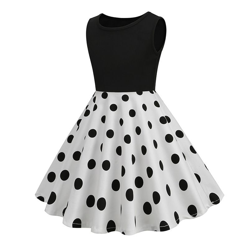 Girls Patchwork Polka Dot Summer Dress Vintage 50s 60s Pin Up Dress White