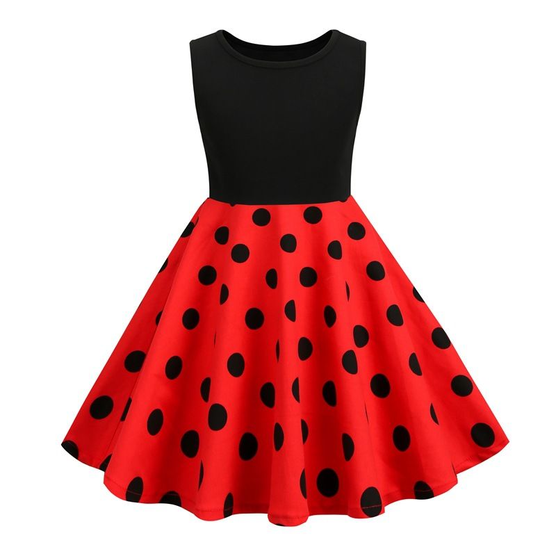 Girls Patchwork Polka Dot Summer Dress Vintage 50s 60s Pin Up Dress White Red