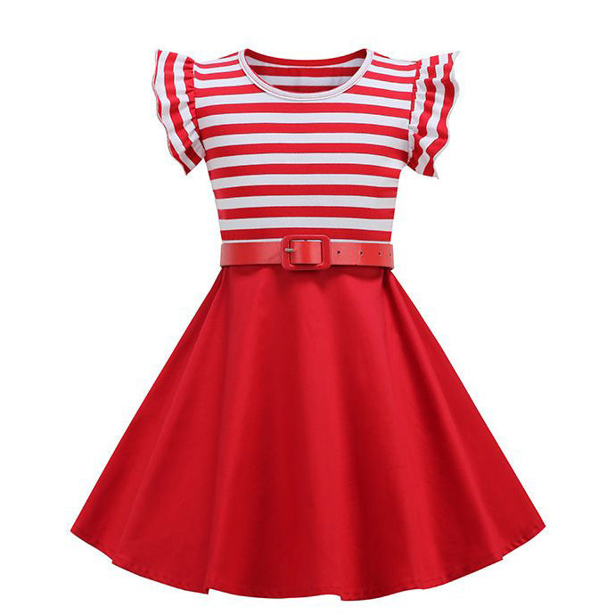 Girls Retro Striped Party Dress 1950s Vintage Swing Prom Dress Red