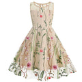 Girls Vintage 1950s Sleeveless Floral Tulle Tea Party Swing Dresses Beige