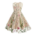 Girls Vintage 1950s Sleeveless Floral Tulle Tea Party Swing Dresses Beige