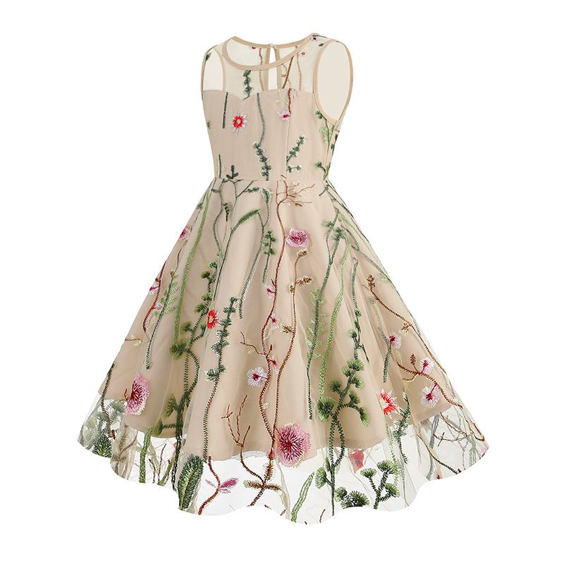 Girls Vintage 1950s Sleeveless Floral Tulle Tea Party Swing Dresses Beige