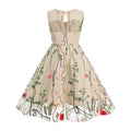 Girls Vintage 1950s Sleeveless Floral Tulle Tea Party Swing Dresses Beige