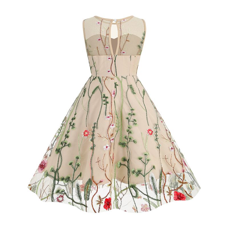 Girls Vintage 1950s Sleeveless Floral Tulle Tea Party Swing Dresses Beige