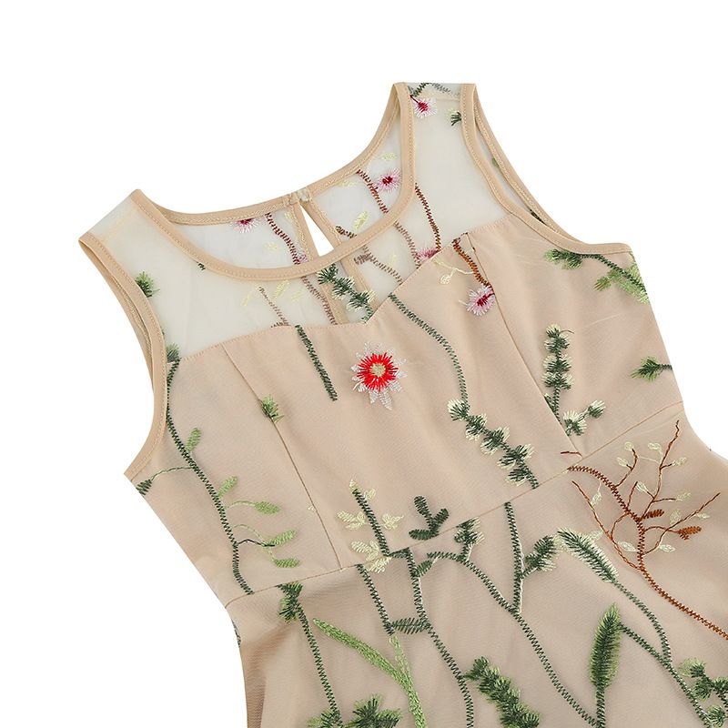 Girls Vintage 1950s Sleeveless Floral Tulle Tea Party Swing Dresses Beige