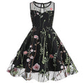 Girls Vintage 1950s Sleeveless Floral Tulle Tea Party Swing Dresses Black