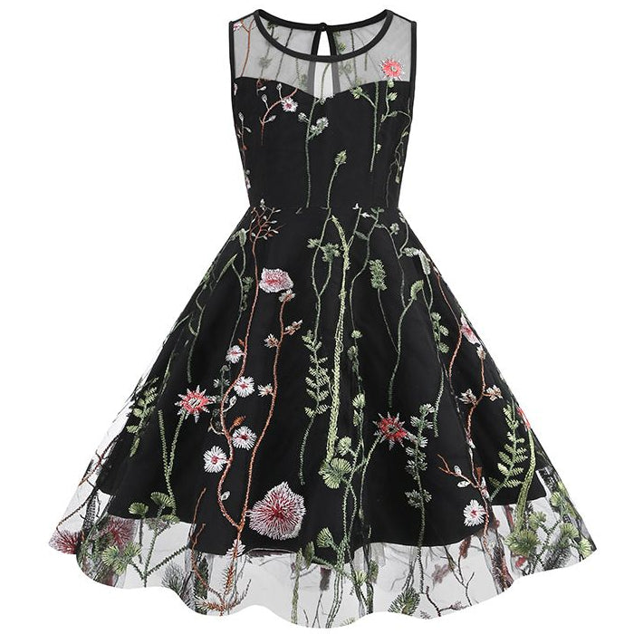 Girls Vintage 1950s Sleeveless Floral Tulle Tea Party Swing Dresses Black