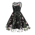 Girls Vintage 1950s Sleeveless Floral Tulle Tea Party Swing Dresses Black