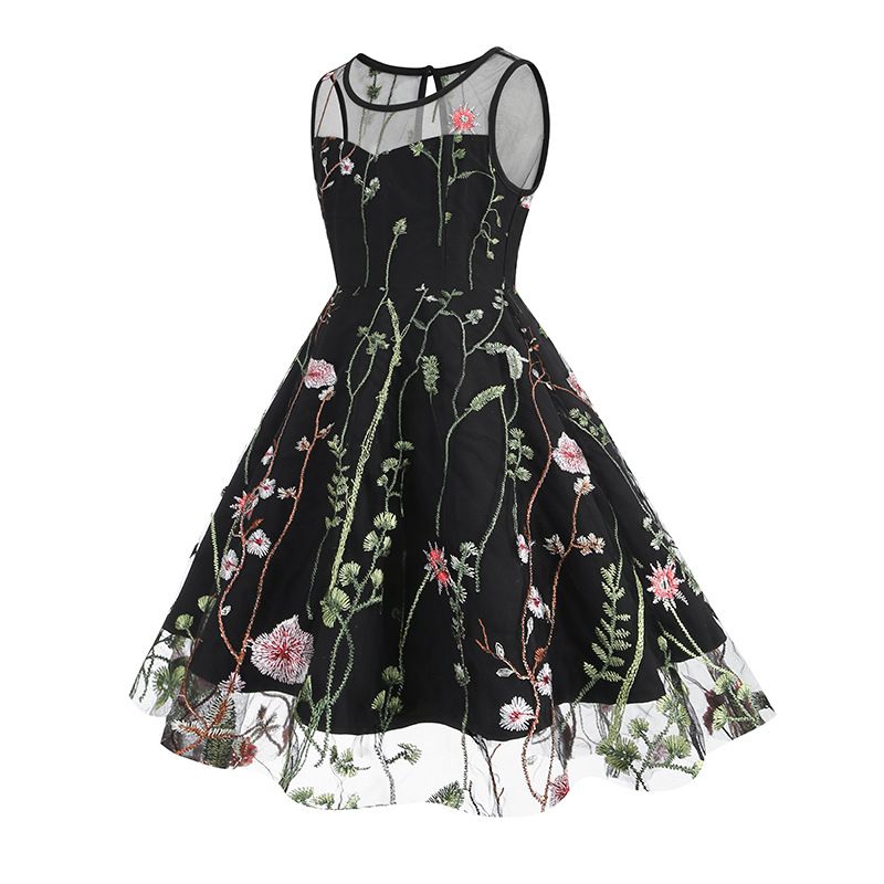 Girls Vintage 1950s Sleeveless Floral Tulle Tea Party Swing Dresses Black