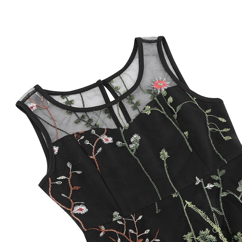 Girls Vintage 1950s Sleeveless Floral Tulle Tea Party Swing Dresses Black