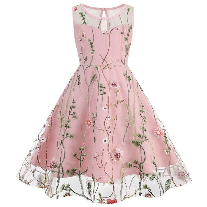 Girls Vintage 1950s Sleeveless Floral Tulle Tea Party Swing Dresses Pink