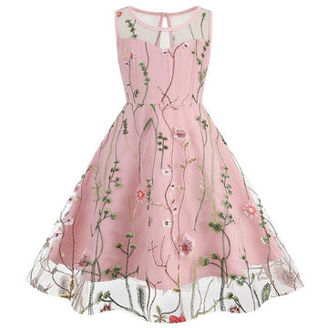 Girls Vintage 1950s Sleeveless Floral Tulle Tea Party Swing Dresses Pink