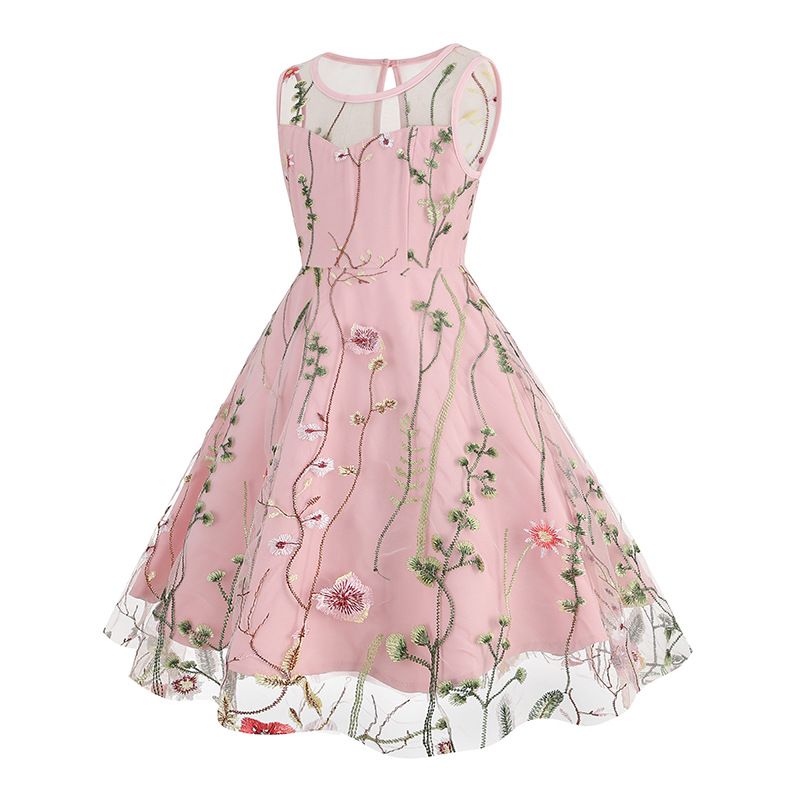 Girls Vintage 1950s Sleeveless Floral Tulle Tea Party Swing Dresses Pink