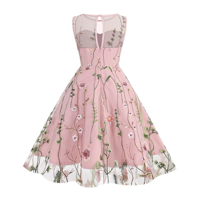 Girls Vintage 1950s Sleeveless Floral Tulle Tea Party Swing Dresses Pink
