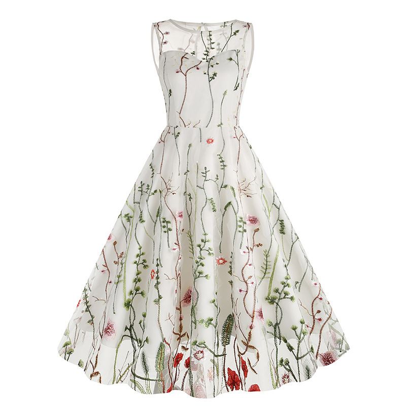 Girls Vintage 1950s Sleeveless Floral Tulle Tea Party Swing Dresses White