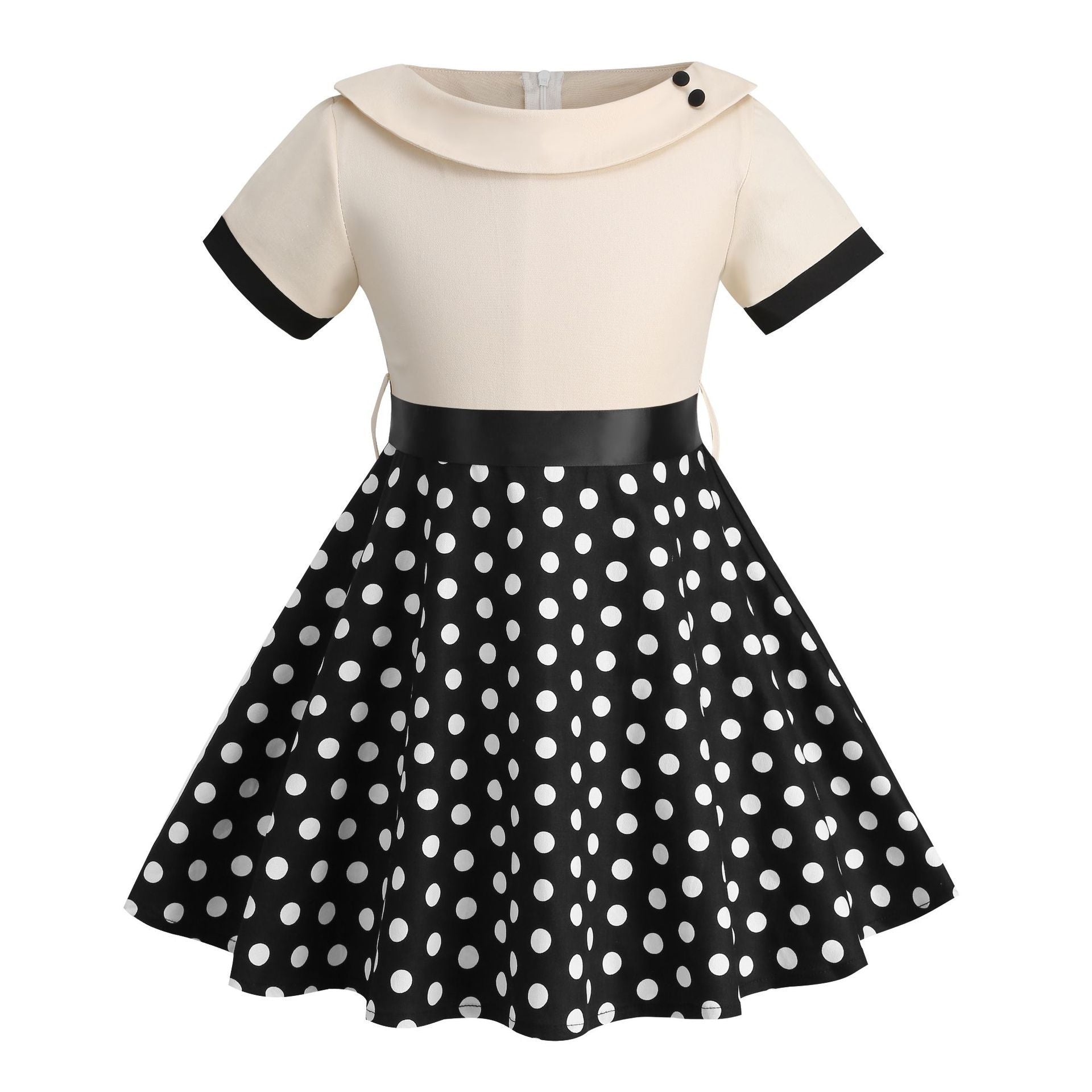 Girls Vintage Dress Polka Dot Swing Rockabilly Dresses Necklace Dresses Beige