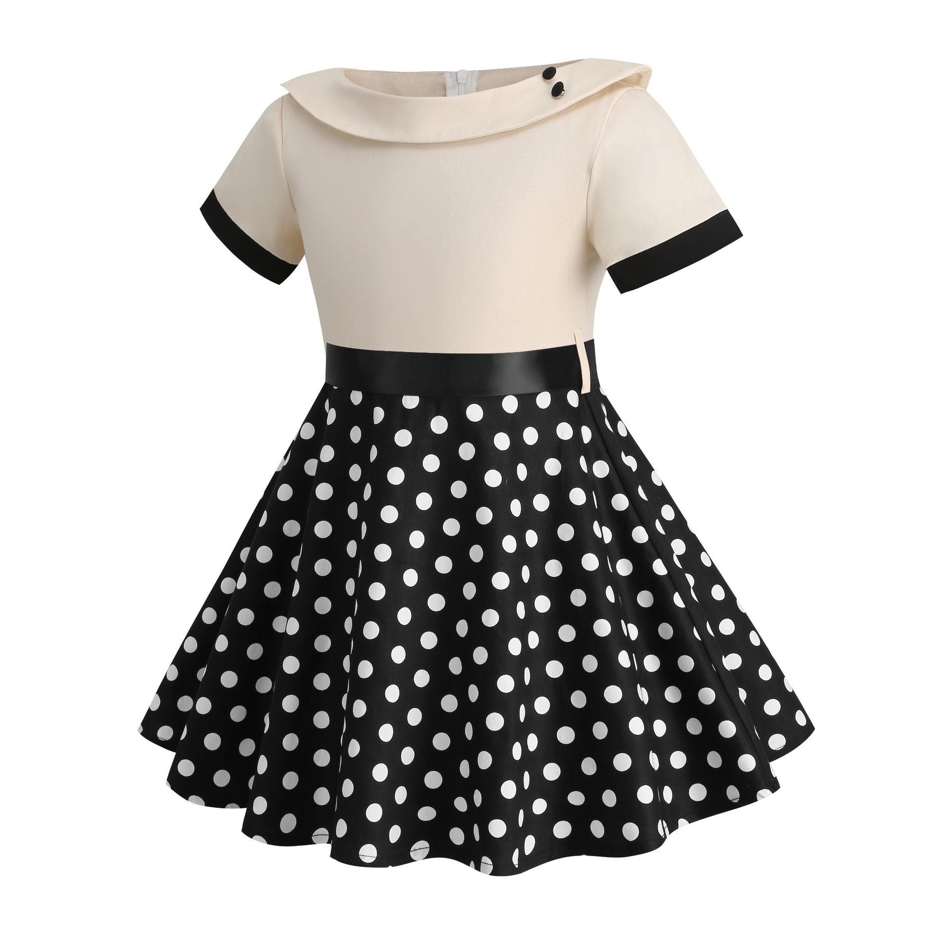 Girls Vintage Dress Polka Dot Swing Rockabilly Dresses Necklace Dresses Beige