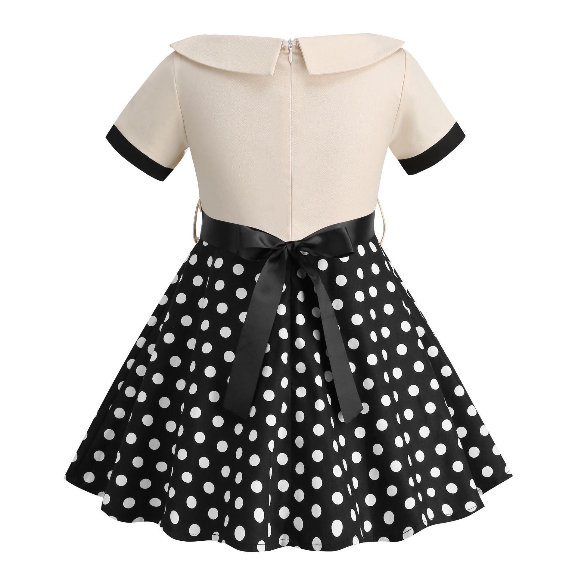 Girls Vintage Dress Polka Dot Swing Rockabilly Dresses Necklace Dresses Beige