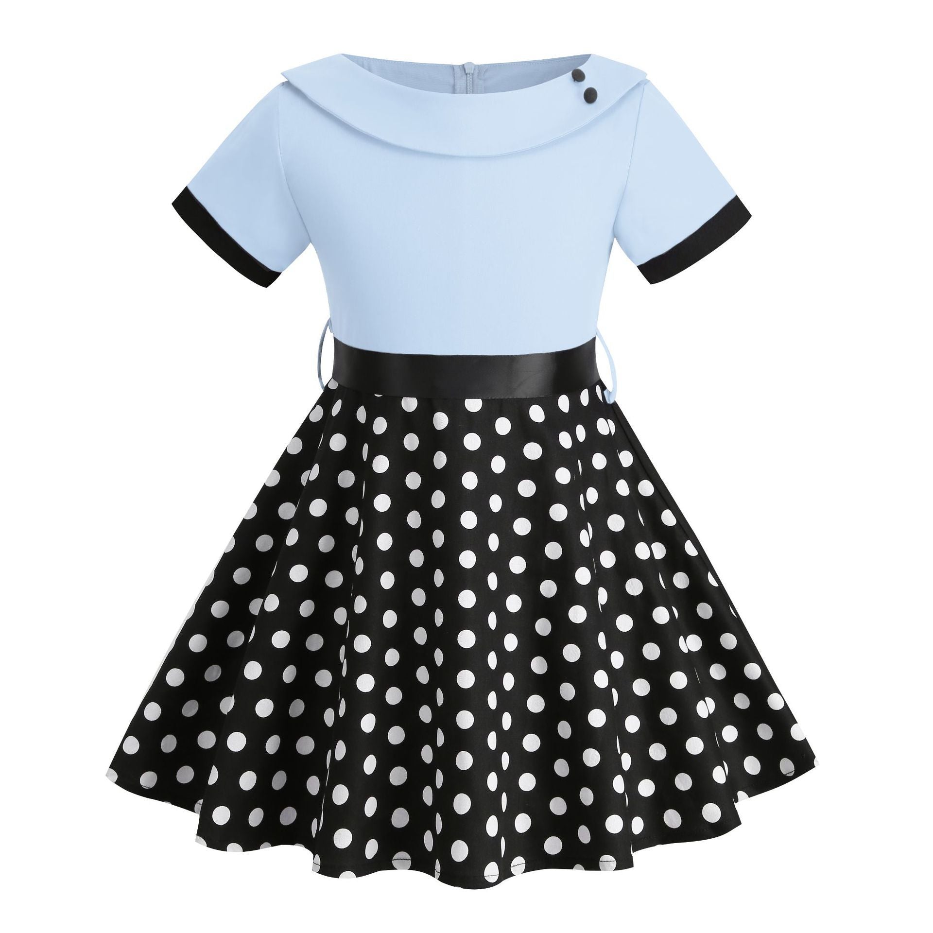Girls Vintage Dress Polka Dot Swing Rockabilly Dresses Necklace Dresses Blue