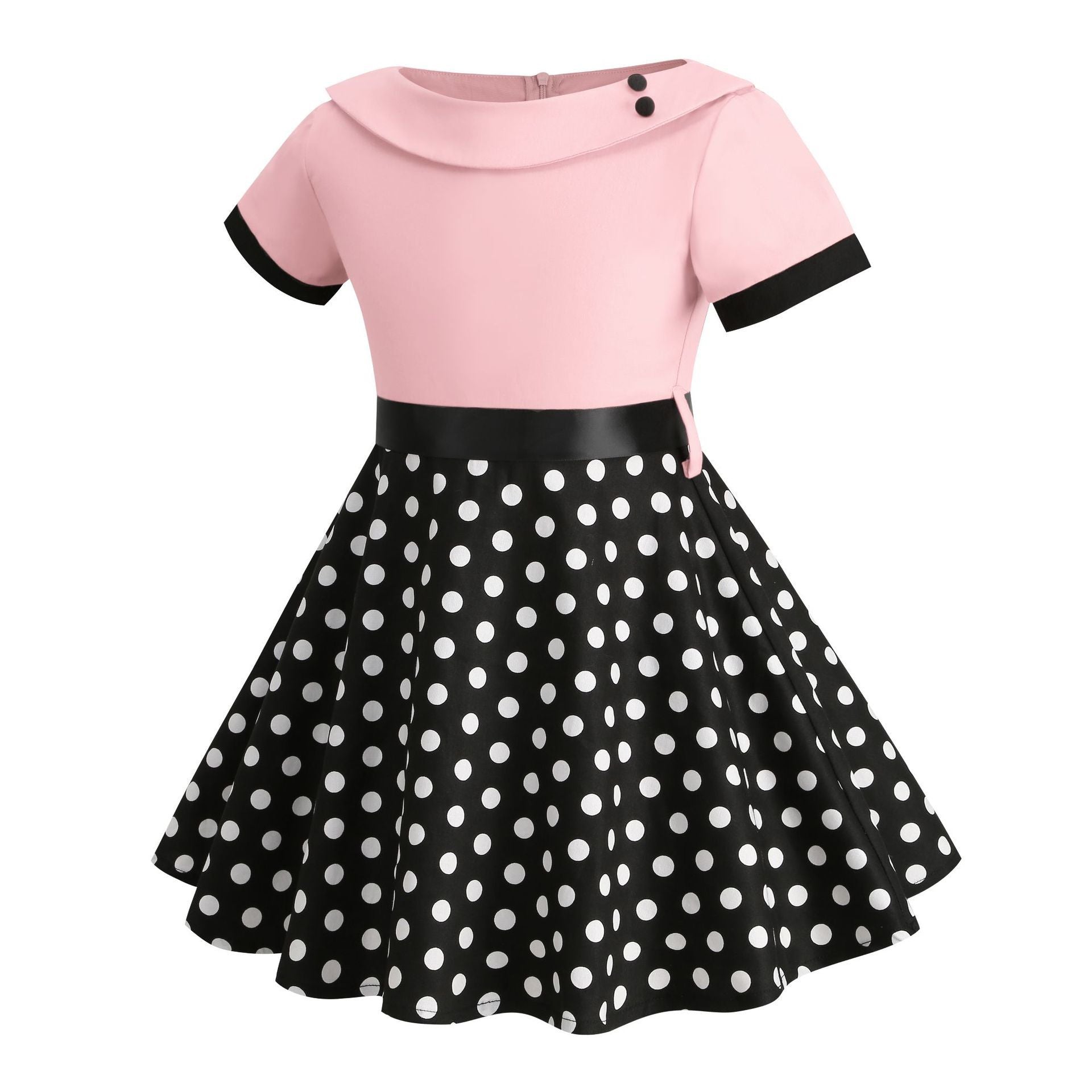Girls Vintage Dress Polka Dot Swing Rockabilly Dresses Necklace Dresses Pink