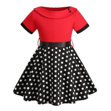 Girls Vintage Dress Polka Dot Swing Rockabilly Dresses Necklace Dresses Red