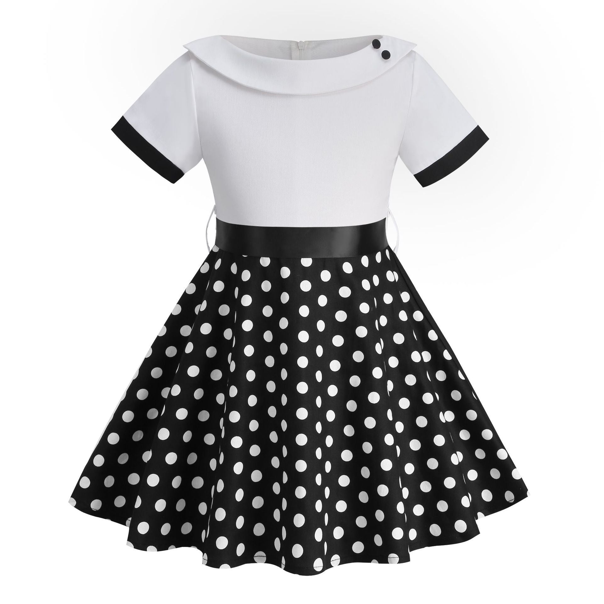 Girls Vintage Dress Polka Dot Swing Rockabilly Dresses Necklace Dresses White