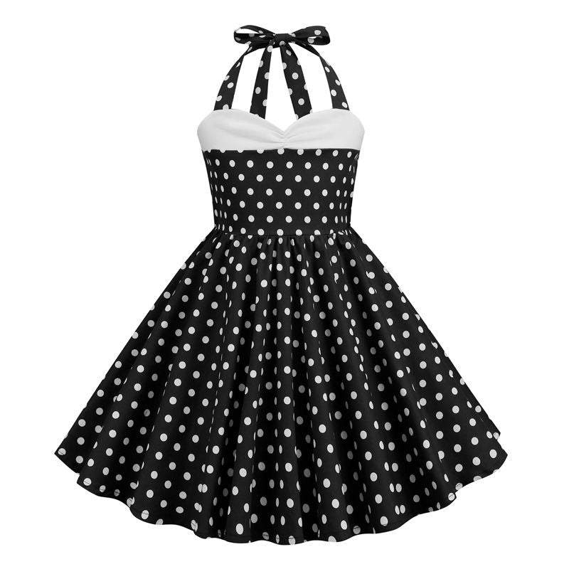 Girls Vintage Floral Print 50s Polka Dot Dress Audrey Halter Dress Black