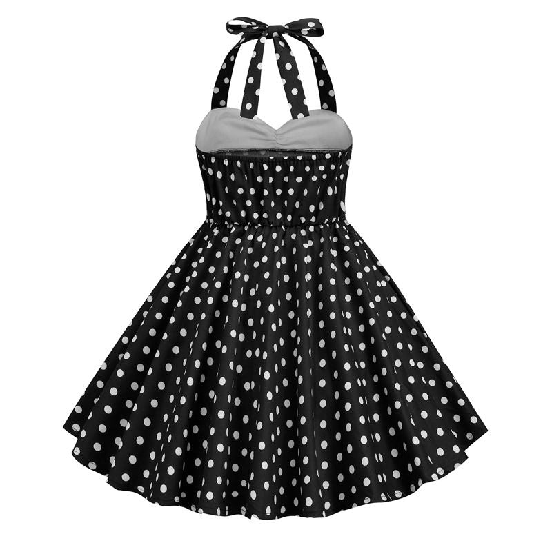 Girls Vintage Floral Print 50s Polka Dot Dress Audrey Halter Dress Black