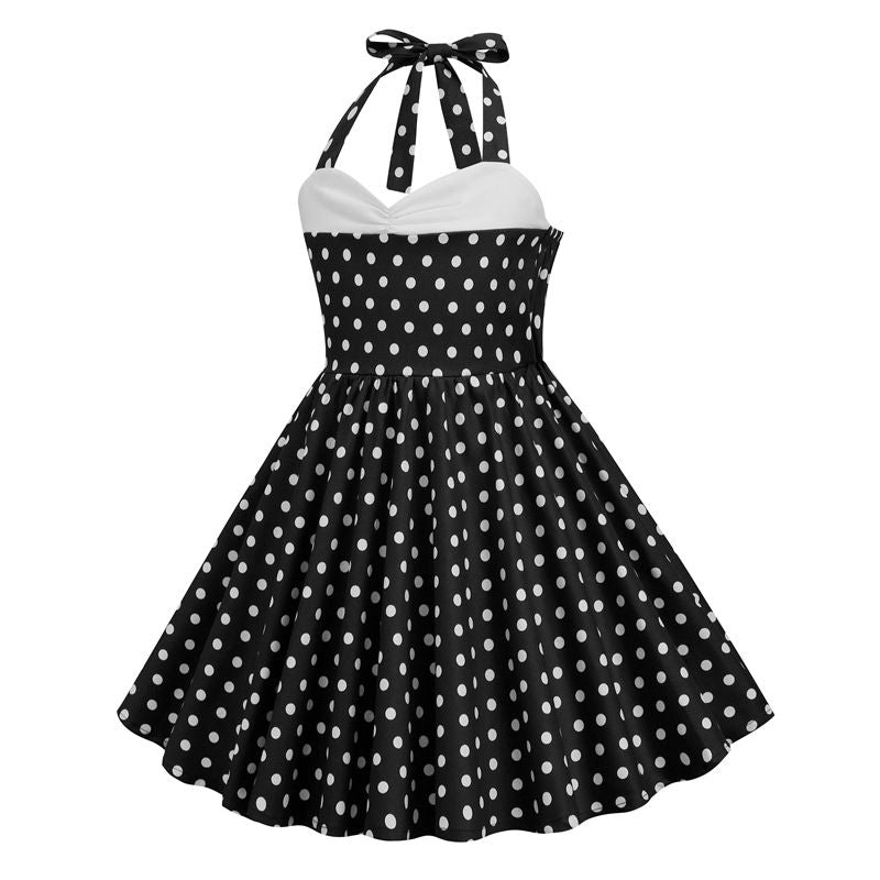 Girls Vintage Floral Print 50s Polka Dot Dress Audrey Halter Dress Black