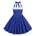 Girls Vintage Floral Print 50s Polka Dot Dress Audrey Halter Dress Blue