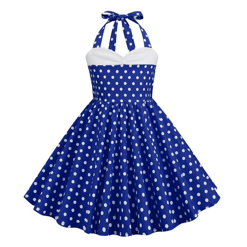 Girls Vintage Floral Print 50s Polka Dot Dress Audrey Halter Dress Blue