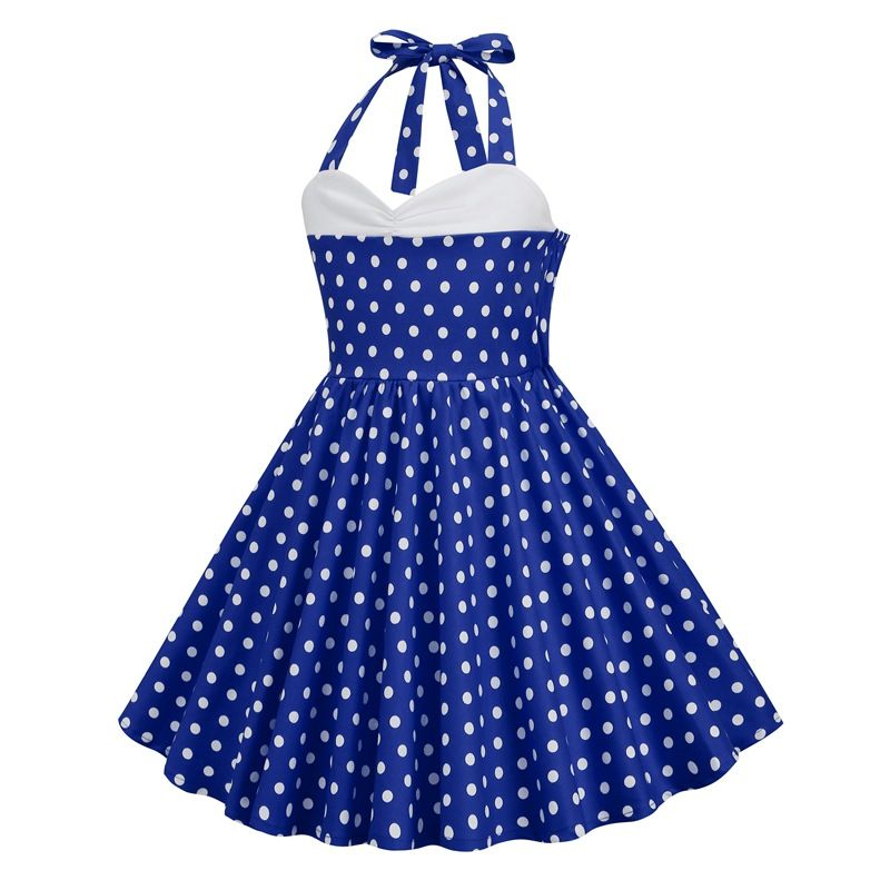 Girls Vintage Floral Print 50s Polka Dot Dress Audrey Halter Dress Blue