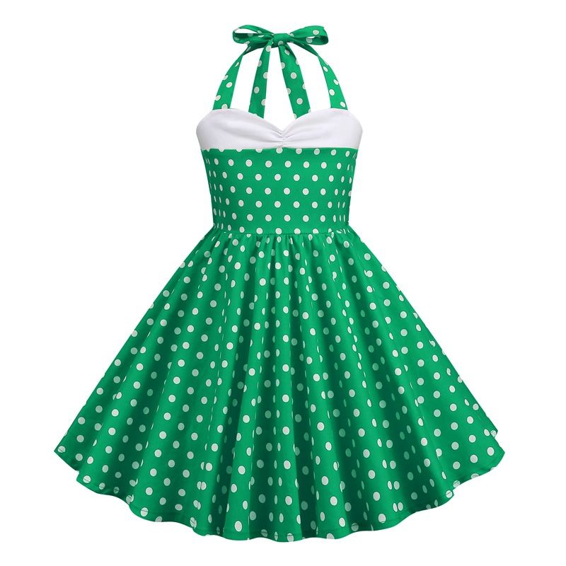 Girls Vintage Floral Print 50s Polka Dot Dress Audrey Halter Dress Green