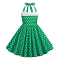 Girls Vintage Floral Print 50s Polka Dot Dress Audrey Halter Dress Green