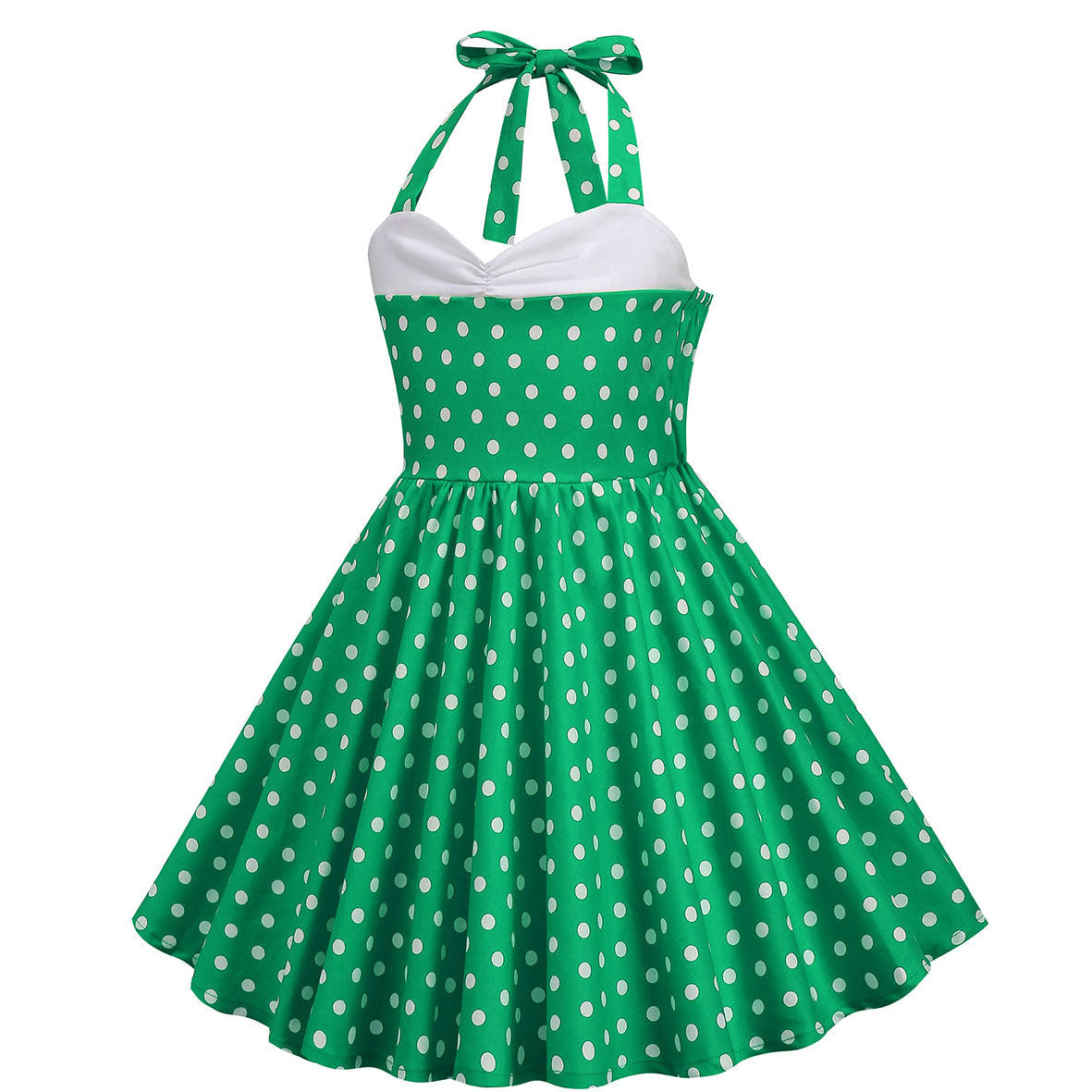 Girls Vintage Floral Print 50s Polka Dot Dress Audrey Halter Dress Green