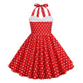 Girls Vintage Floral Print 50s Polka Dot Dress Audrey Halter Dress Red