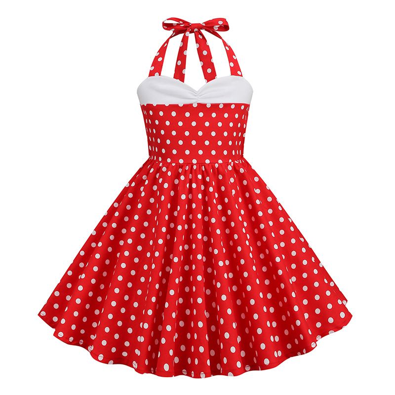 Girls Vintage Floral Print 50s Polka Dot Dress Audrey Halter Dress Red