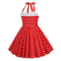 Girls Vintage Floral Print 50s Polka Dot Dress Audrey Halter Dress Red