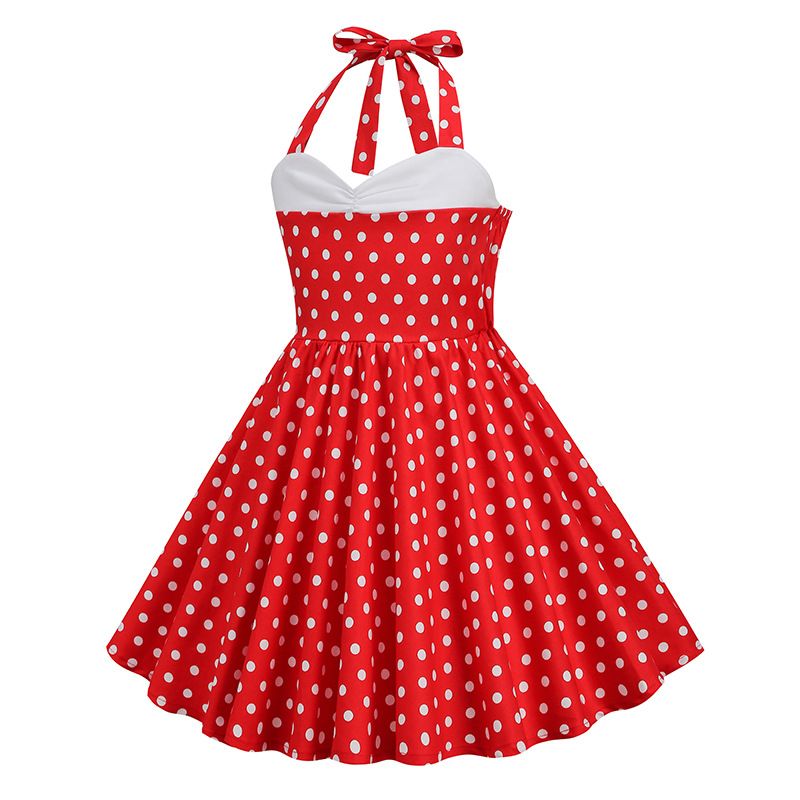 Girls Vintage Floral Print 50s Polka Dot Dress Audrey Halter Dress Red