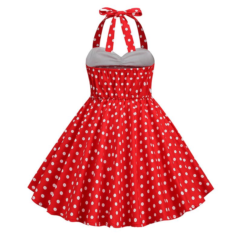 Girls Vintage Floral Print 50s Polka Dot Dress Audrey Halter Dress Red