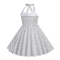 Girls Vintage Floral Print 50s Polka Dot Dress Audrey Halter Dress White
